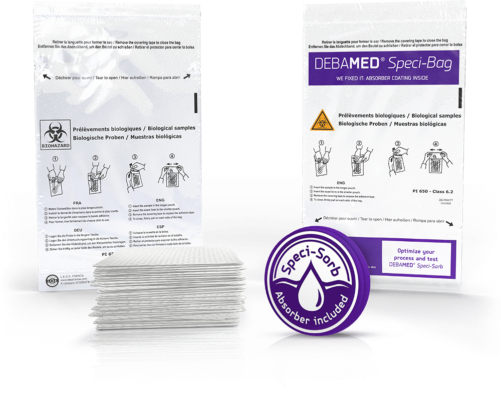 DEBASAFE medical mit Speci-Sorb Ausrüstung für optimierten Probentransport DEBAMED Speci-Sorb Abbildung mit Absorber